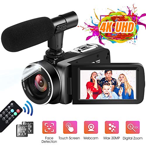 Videocamere 4K Videocamera Ultra HD 30MP 18X Zoom Digitale Camcorder Touch Screen Ruotabile Videocamera per YouTube con Microfono Esterno, 2 Batterie