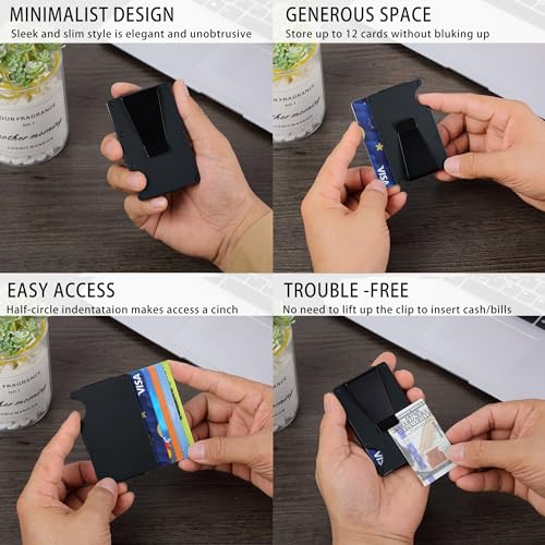 Image of Minimalist Carbon Fiber Wallet for Men, Money Clip Cash Strap Wallet, RFID Blocking Metal Wallet Aluminum Card Holder,Front Pocket Wallet(Matte Black)