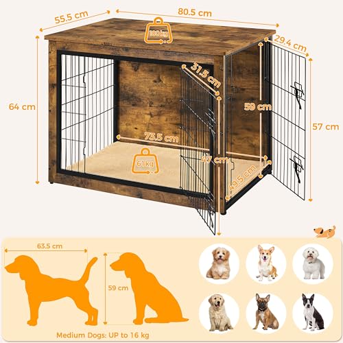 Yaheetech Dog Crate Furniture End Table with Cushion & Double Doors for Shiba Inus, Bichon Frises, Shih Tzus, Medium Dog Cage 80.5x55.5x64 cm, Rustic Brown - Image 4