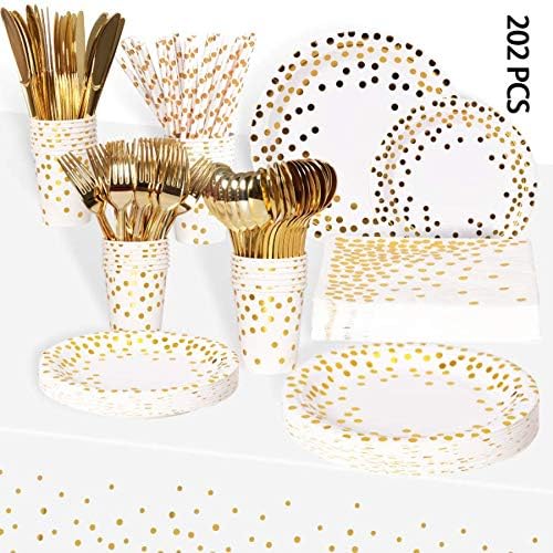 202 Piece Gold Party Supplies Set Disposable Paper Dinnerware Serves 25 Gold Dot Paper Plates Napkins Cups with Gold Plastic Silverware Sets for Wedding Bridal Shower Baby Shower Holiday Parties …