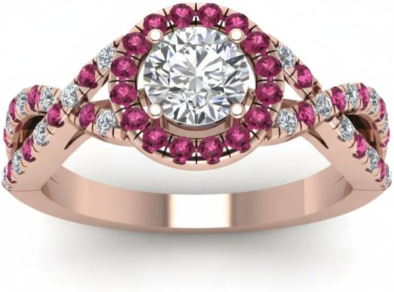 Choose Your Gemstone Entwined Halo Diamond CZ Ring Rose Gold Plated Round Shape Halo Engagement Rings Minimal Modern Design Birthday Gift Wedding Gift US Size 4 to 12