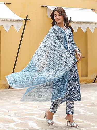Image of GoSriKi Women's Cotton Blend Straight Printed Kurta with Pant & Dupatta