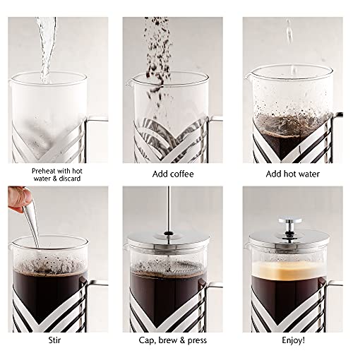 Ovente French Press 27 Ounce Coffee & Tea Maker, 4 Level Stainless Steel Filter System & Heat Resistant Borosilicate Glass, Portable Pitcher For Travel Gift Easy Clean Carafe W/ Scoop, Silver Fsd27P #TOP6
