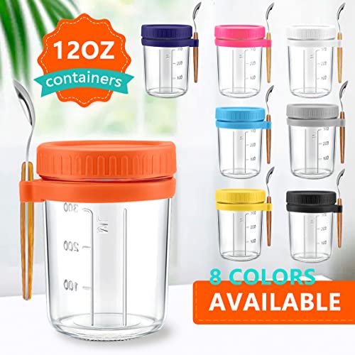 Cghwbea Overnight Oats Container - Yogurt Oatmeal Glass Canning With Lids And Spoon, 10 Oz Cereals, Milk, Fruit Salad, With Measurement Marks (White+Grey) #TOP2