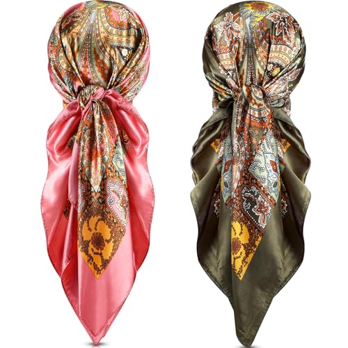 SATINIOR 35 Inch Silky Head Scarf 2 Pcs Large Square Neck Scarf Sleeping Hair Wrapping Satin Bandana for Women(Pink, Green,Retro Style)