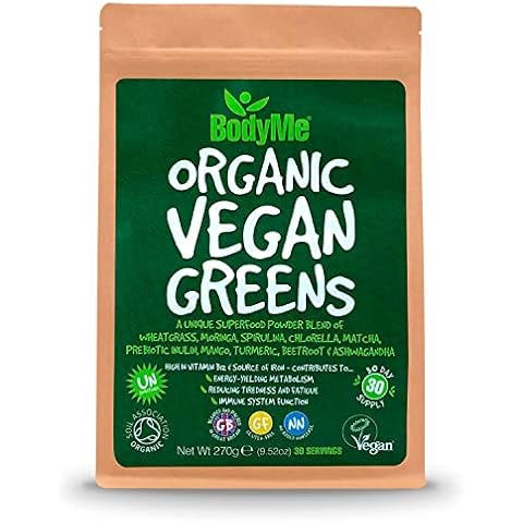 BodyMe Organic Vegan Greens Powder | 270g | Super Greens Blend | with Wheatgrass Moringa Spirulina Chlorella Matcha Prebiotic Inulin Mango Turmeric Beetroot Ashwagandha Cover