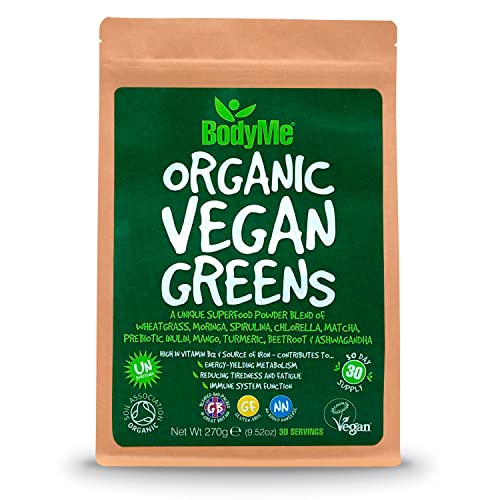 BodyMe Organic Vegan Greens Powder | 270g | Super Greens Blend | with Wheatgrass Moringa Spirulina Chlorella Matcha Prebiotic Inulin Mango Turmeric Beetroot Ashwagandha