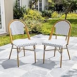 ONBRILL French Wicker Bistro Chair Set of 2, Outdoor Dining Chairs with Natural Woodgrain Aluminum Frame, Rattan Accent Stackable Patio Chairs for Porch Backyard Garden Kitchen, Navy Blue and White