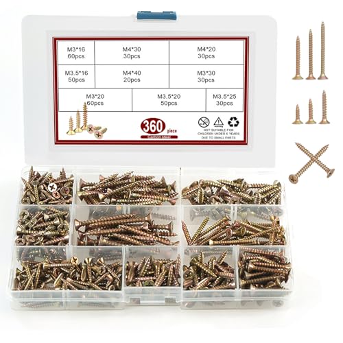 360Pcs Self Tapping Screws for Metal & Wood, M3, M3.5, M4 Self Drilling Screws Assortment Kit, Zinc Metal Multi Use High Performance for DIY, Furniture, Wood Working & Repairs with Storage Box