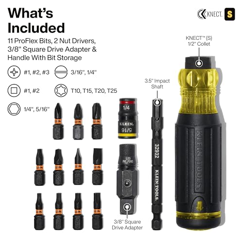 Image of Klein Tools 32516HD KNECT 16-in-1 Impact-Rated Hybrid Screwdriver /Nut Driver, Magnetic, Flip Socket, 11 Bits, 2 Nut Drivers, 3 /8-Inch Square Adapter