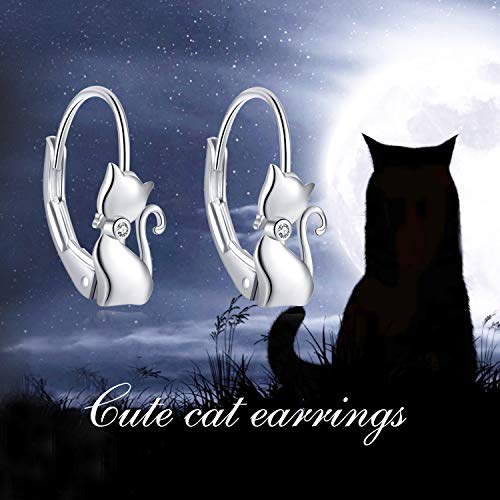 Cat Gifts Earrings Sterling Silver Cute Small Animal Cats Dangle Leverback Jewelry Gifts for women cat Lovers 6