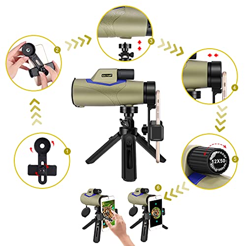 Monokular Teleskop, OKYUK 12X50 HD Monokular Fernglas, BAK4-Prisma und FMC Wasserdicht mit Smartphone-Halter Stativ… – Bild 6