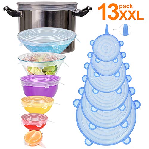 Couvercle Silicone Alimentaire,longzon®[13pcs]eco Couvercle Silicone Extensible, Film etirable Alimentaire reutilisable,Universel pour Micro Ondes Four, saladier, rangement frigo, LFGB, FDA,sans BPA