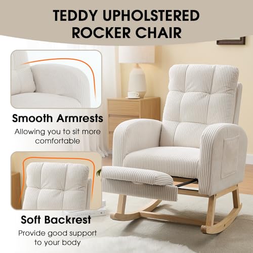 Image of NIOIIKIT Nursery Rocking Chair, Corduroy Upholstered Rocking Chair with Adjustable Footrest, Tufted Rocker Chair with Side Pocket, Glider Rocker for Living Room, Bedroom (Cream Retro)