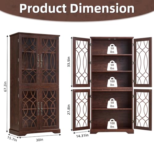 Image of Joaxswe 67 inch Tall Pantry Cabinet Set of 2, Vintage Kitchen Pantries Cabinets with Glass Doors & Adjustable Shelves, Wood Cupboard with Large Storage for Dining Room, Bathroom, Walnut