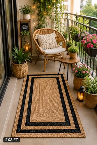 Image of Handmade Natural Jute Runner Rug for Hallway Living Room Kitchen Bedroom Floor Carpet (Beige + Black Design, 2x5)