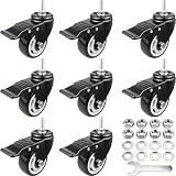 3 Inch Threaded Stem Casters with Total Lock Brake, 3/8'-16 x 1 Stem (Diameter 3/8', Length 1'), Heavy Duty Swivel Caster Wheels Set of 8, No Noise Black