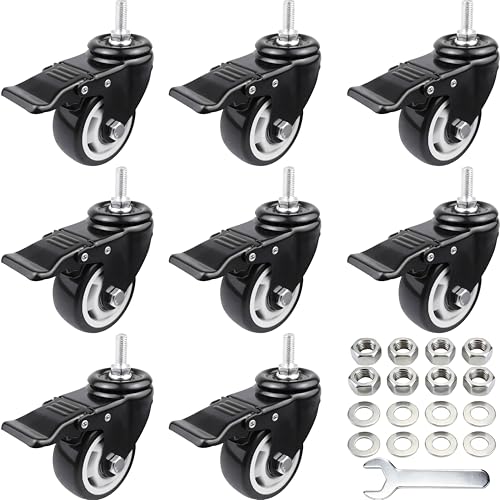 3 Inch Threaded Stem Casters with Total Lock Brake, 3/8\"-16 x 1 Stem (Diameter 3/8\", Length 1\"), Heavy Duty Swivel Caster Wheels Set of 8, No Noise Black