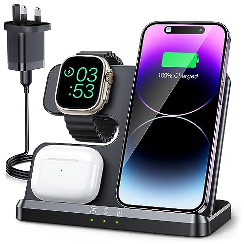 JARGOU Wireless Charger for iPhone/Apple Watch/AirPods, 3 in 1 Wireless Charging Station for iPhone 16 15 14 13 12 11 Pro Max, iWatch Charger for iWatch 10/9/Ultra/SE/8/7/6/5/4/3/AirPods Pro 4 3 2