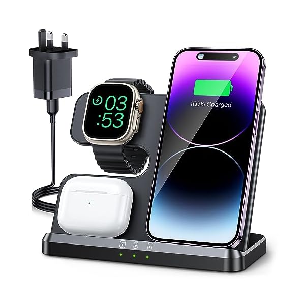 JARGOU 3 in 1 Wireless Charging Station for Apple, Wireless Charger for iPhone 17 Pro Max 16 15, Fast Wireless Charger Stand for Apple Watch 11/Ultra 3/10/9/Ultra 2/Ultra/SE/8/7/6/5/AirPods Pro 4 3 2