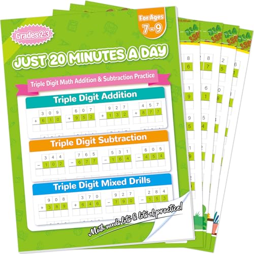 Image of Addition and Subtraction Workbook Triple Digit Math Practice Worksheets for 2nd 3rd Grade, Addition&Subtraction Worksheets One Page A Day Math for Ages 6-9, Math Repetition Exercise Daily, 56 Pages