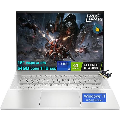 HP Envy 16 Gaming Laptop | 16" WQXGA 120Hz Touch 400nits 100% sRGB | Intel 14-Core i9-13900H | 64GB DDR5 1TB SSD | GeForce RTX 4060 8GB | Backlit Thunderbolt USB-C Win11Pro Silver + HDMI Cable