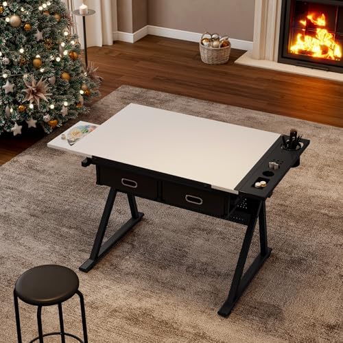 Adjustable Drafting Table Desk with 2 Storage Drawers & Stool - Ideal for Home Office, School, Art & Design Projects - Modern White Finish