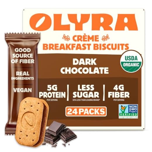 Olyra Organic Breakfast Biscuits Dark Chocolate | Healthy Snacks, Low Sugar, High Fiber, Plant Based Protein Cookies (6 Boxes of 4 Packs)