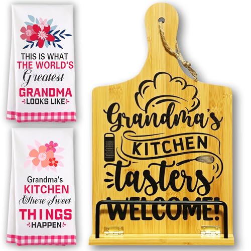 Yanhuecui Mothers Day Grandma Gifts, Gifts for Grandma from Grandchildren, Grandma Cookbook Stand with Towels - Birthday Kitchen Gifts for Grandma from Grandkids - Nana Gigi Cooking Presents