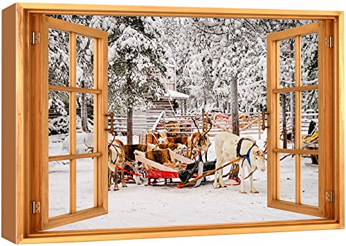 wall26 Canvas Print Wall Art Window View Christmas Reindeer Santa