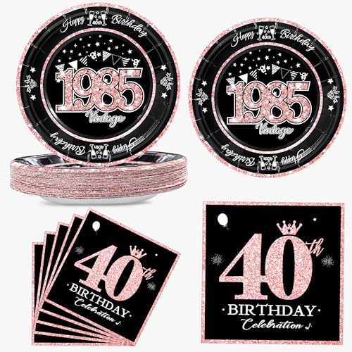 algpty 60 PCS Vintage 40th Birthday Plates and Napkins Set, 40th Birthday Decorations Rose Gold, Service for 30, 1985 Birthday Dessert Plates and Napkins Party Supplies for Women