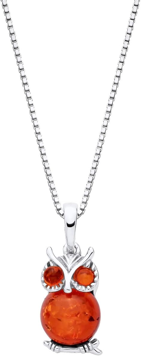 Sterling Silver 925 Baltic Amber OWL Ladies Necklace - Natural Women's Teen's Kid's Bird Inspired Pendant on Italian Box Chain - Pendant only or 16-24 Inch