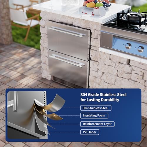 Image of Coolski 24 Inch Under Counter Beverage Refrigerator Drawers, Built-in /Freestanding Stainless Steel Outdoor Refrigerator for Patio, Low Noise Beverage Cooler for Home, Bar, Kitchen, ETL, NSF Approved