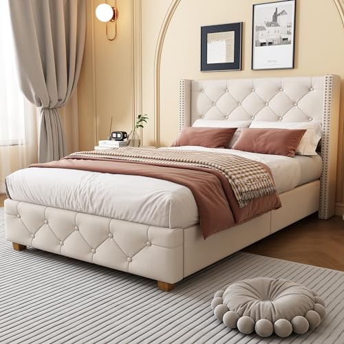 BTM Upholstered Single Bed 3ft(90 * 190cm), Single Bed Frame with Headboard, Slatted Frame, Button & Rivet upholstery and Wooden Leg, Beige Linen