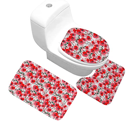 BOJTAN 3 Teilig Badematte Set Rote Blume 13 3D Badematten Set rutschfest, Badezimmerteppich,U-förmiger WC-Vorleger,WC…