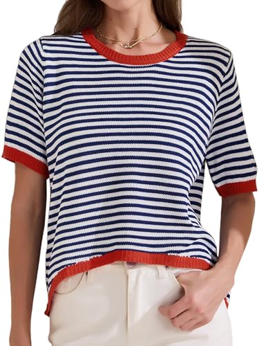 Allegra K Mujer Camiseta De Verano, Camiseta De Punto A Rayas, Manga Corta, Estilo Pulóver Holgado Y Moderno Azul Oscuro S