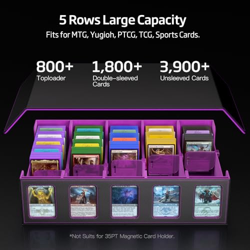 Image of 3900+ Trading Card Storage Box for MTG TCG PTCG Sports Card, Black Purple | 5-Row 3900+ Capacity Card Case, Magnetic Lid & Commander Display, Top Loader Storage, Includes Dividers & Dice Box