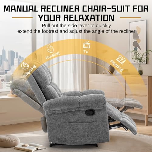 Image of Korser Recliner Chair, Living Room Recliner Chairs for Adults, Small Recliners for Small Spaces, Upholstered Manual Recliner with Side Pockets, Comfy Nursery Chair for Living Room, Chenille, Grey