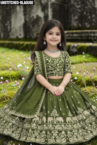 Image of Kids Chiffon Lehenga Choli, Embroidered Elephant and Floral Print, Festive Ethnic Wear with Dupatta