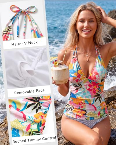 Image of Women's Halter Tankini Top V Neck Swim Top Tummy Control Bathing Suit