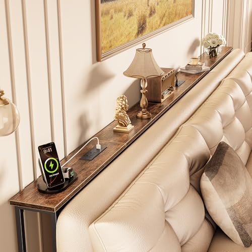Image of Huuger 110 Inch Sofa Table with Power Outlets, Skinny Behind Couch Table | 5.9 Inch Narrow Entryway Table, Extra-Long Console Table, Behind the Couch Table with Outlet for Living Room, Rustic Brown