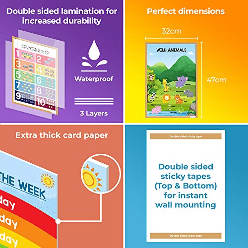 ملصقات تعليمية لمرحلة ما قبل المدرسة من إيسن لموارد التعلم للأطفال الصغار الحروف الأبجدية والأرقام والأشكال والألوان والحيوانات وشهور السنة، وأيام الأسبوع، والعواطف، والفواكه، وأجزاء الجسم والمزيد