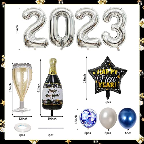 New Year Decorations 2023, Silver Number 2023 Foil Balloons Navy Blue Confetti Silver Latex Balloons With Champagne Glass Star Balloon For Man Boys New Years Eve 2023 Graduation Prom Party Supplies #TOP1