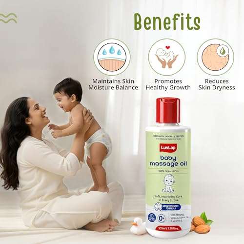 Image of LuvLap Baby Massage Oil with Almond, Virgin Coconut Oil & Vitamin E, Deep Nourishing, Skin Repair & Relaxation, Ayurvedic Non-Sticky Oil for Soft New Born Skin, 100% Natural, Derma Safe, 100ml