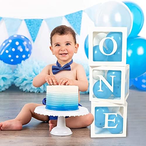 1st Birthday Party Decorations Boxes for Boys, 3Pcs Balloon Boxes with 24 Blue White Balloons and ONE Letters, Balloon Blocks for Baby First Birthday Backdrop, 1 One Year Old Birthday Party Supplies