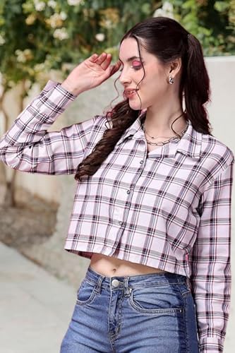 Image of POPWINGS Casual Pure Cotton Checks Crop Shirt for Women | Stylish Western Crop Shirt for Women | Full Sleeves Crop Shirt for Women