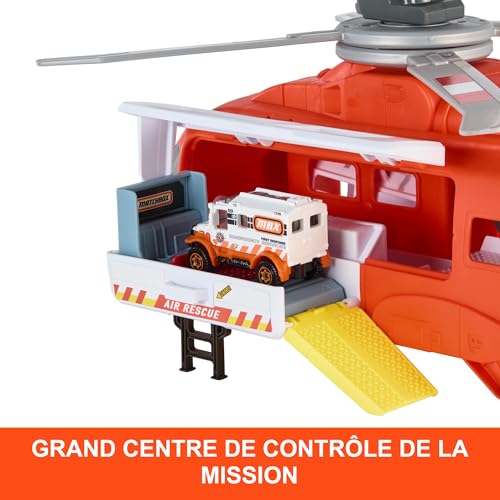 Matchbox Hélicoptère de Secours Coffret véhicule et Jeu, Grand hélicoptère de 40,5 cm Transformable en Poste de Secours, hélices actionnées à la Main, avec Ambulance en métal à l’échelle 1/64, HXM74