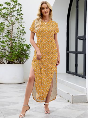 Image of Heymoments Womens Summer Maxi Dress Short Sleeve Casual Loose Long T Shirt Split Vacation Beach Sundress with Pockets