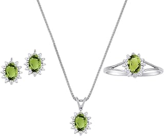 Juego de anillos de piedra natal de agosto, pendientes y collar de peridoto en oro amarillo de 14 quilates o oro blanco de 14 quilates.