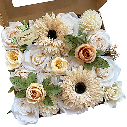 FACINOC Roses Artificial Flowers White Combo Box Set Fake Flower with Stems